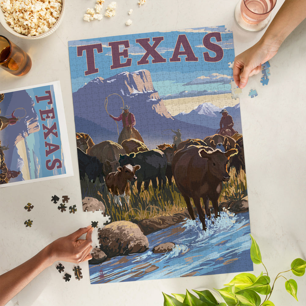 Texas, Cowboy Cattle Drive Scene, Jigsaw Puzzle Puzzle Lantern Press 