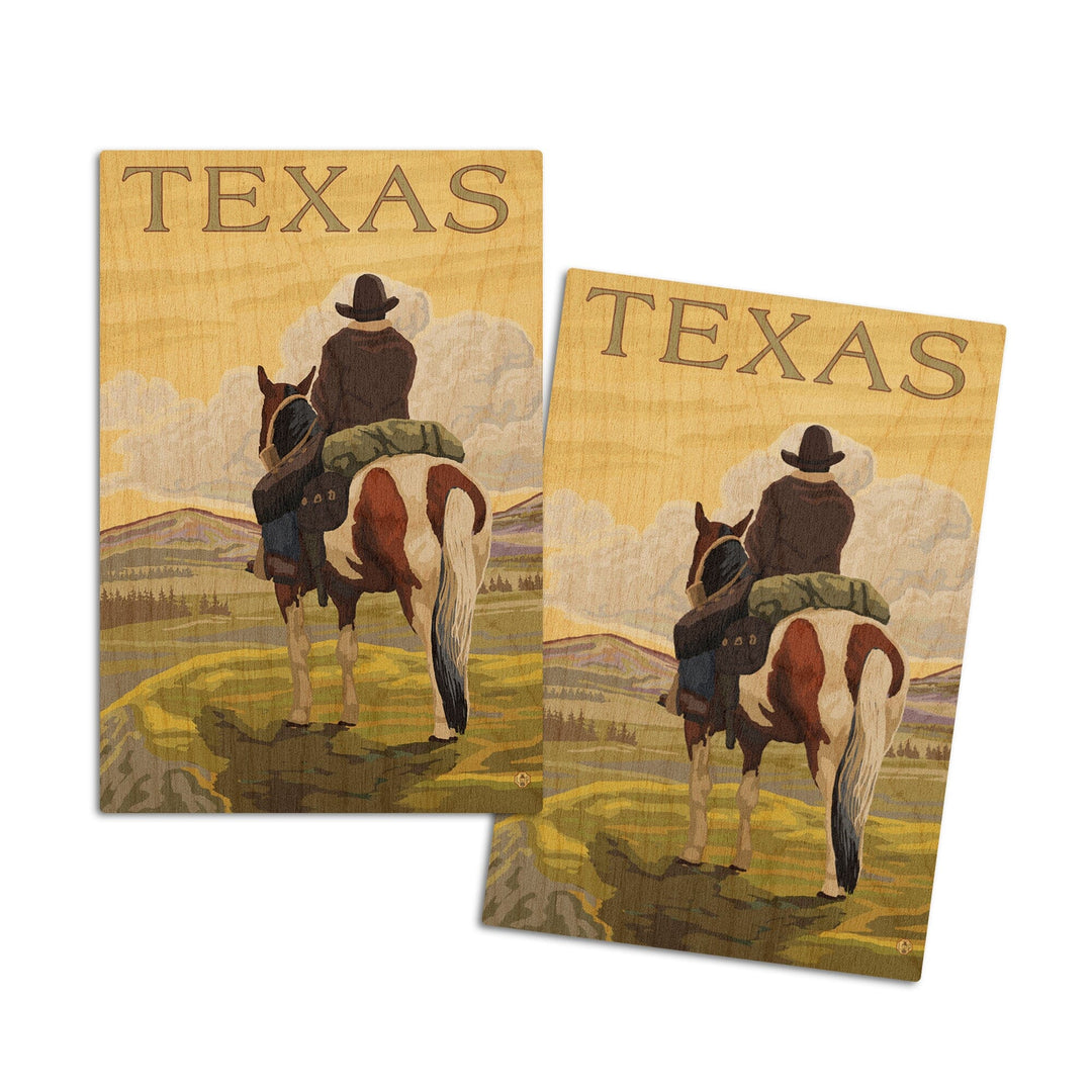 Texas, Cowboy on Ridge, Lantern Press Poster, Wood Signs and Postcards Wood Lantern Press 4x6 Wood Postcard Set 