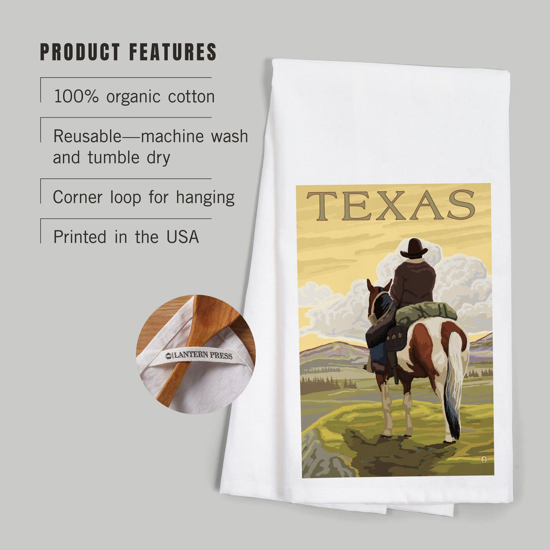 Texas, Cowboy on Ridge, Organic Cotton Kitchen Tea Towels Kitchen Lantern Press 