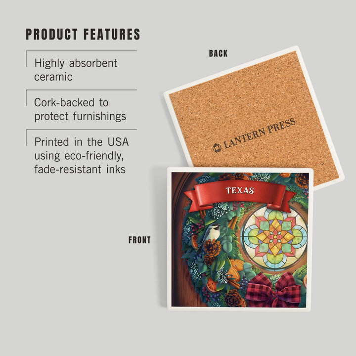 Texas, Front Door with Christmas Wreath, Coasters Coasters Lantern Press 