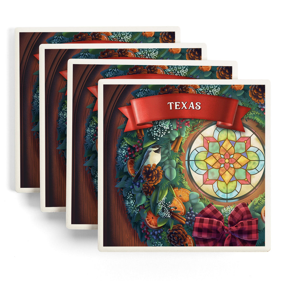 Texas, Front Door with Christmas Wreath, Coasters Coasters Lantern Press 