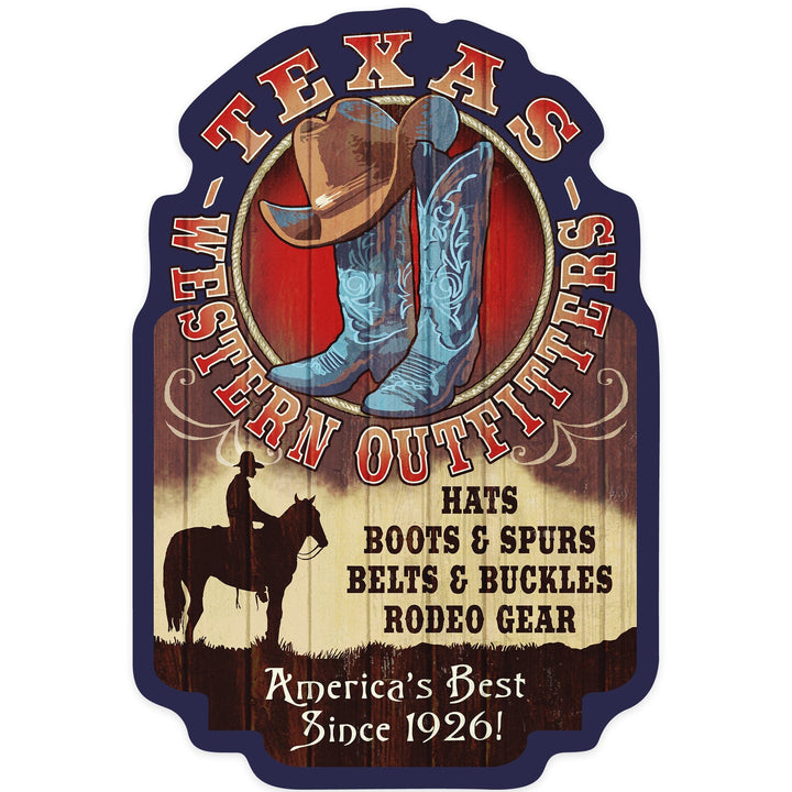 Texas, Hat and Boots Vintage Sign, Contour, Vinyl Sticker Sticker Lantern Press 