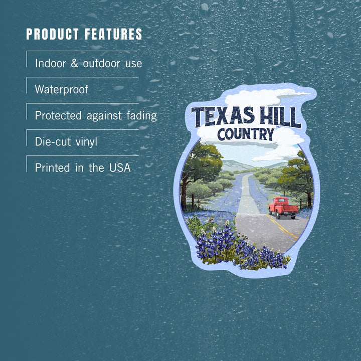 Texas Hill Country, Texas, Bluebonnets and Highway, Contour, Vinyl Sticker Sticker Lantern Press 