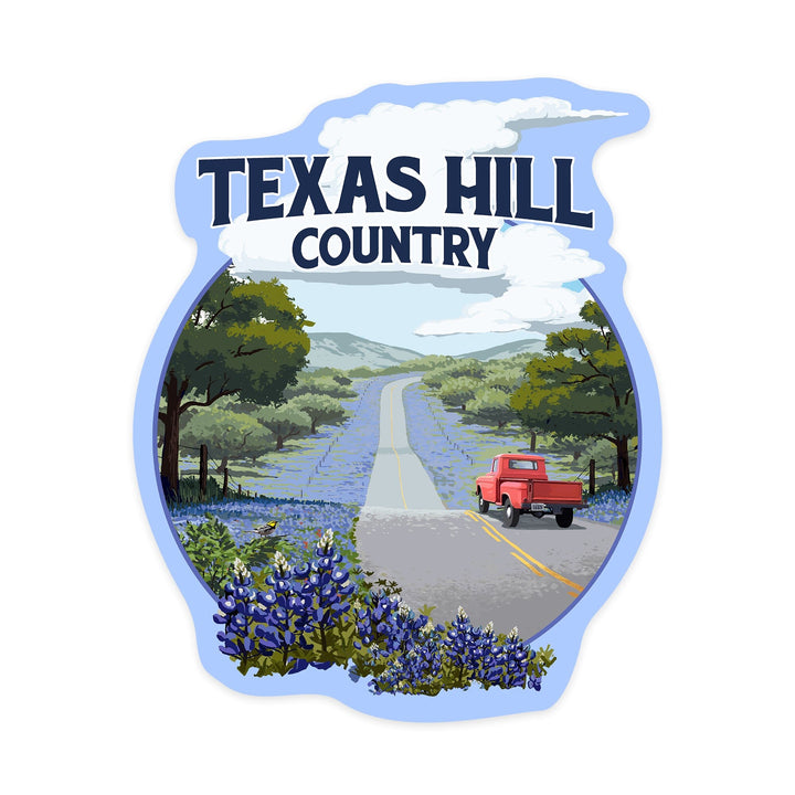 Texas Hill Country, Texas, Bluebonnets and Highway, Contour, Vinyl Sticker Sticker Lantern Press 