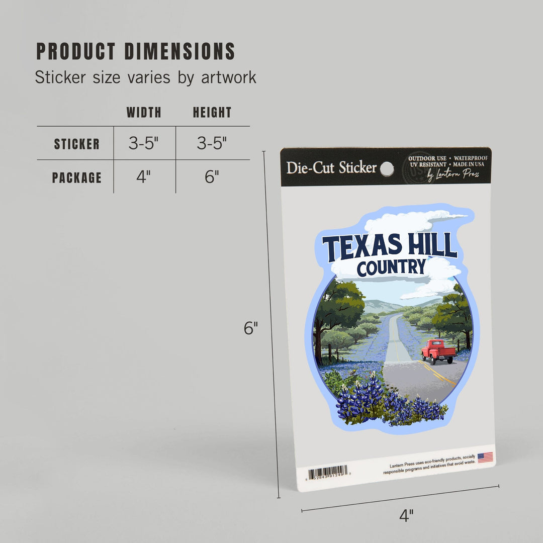 Texas Hill Country, Texas, Bluebonnets and Highway, Contour, Vinyl Sticker Sticker Lantern Press 