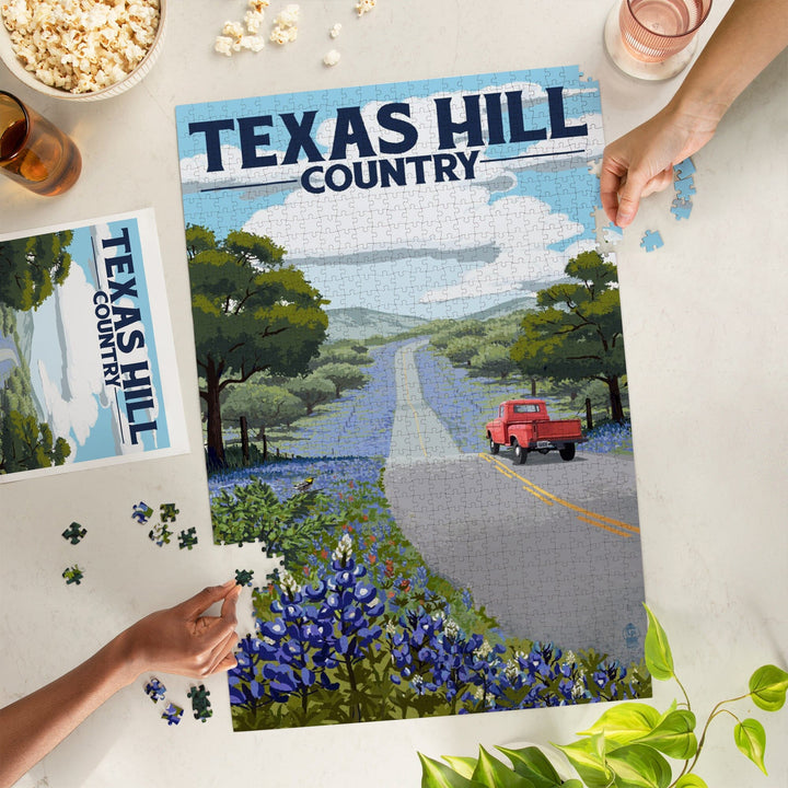 Texas Hill Country, Texas, Bluebonnets and Highway, Jigsaw Puzzle Puzzle Lantern Press 
