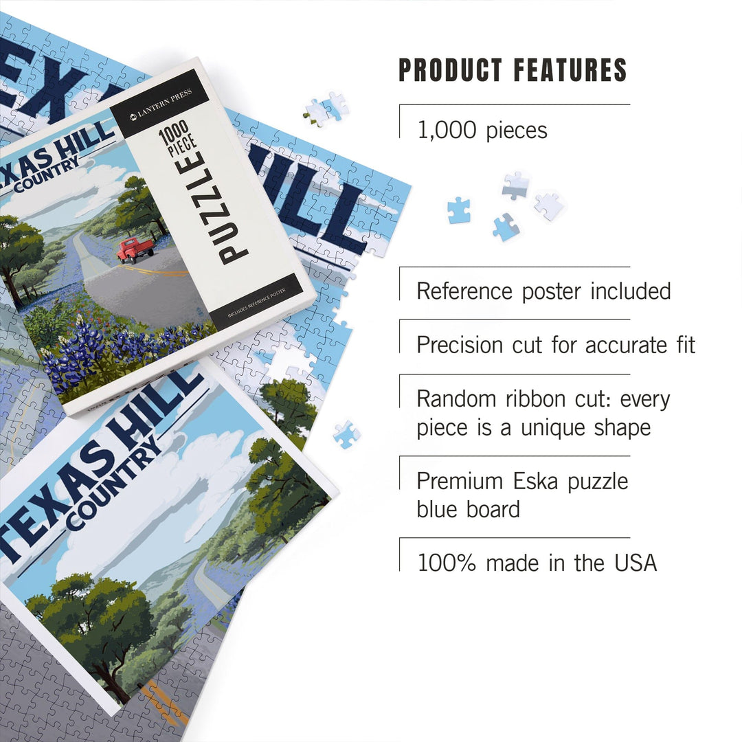 Texas Hill Country, Texas, Bluebonnets and Highway, Jigsaw Puzzle Puzzle Lantern Press 
