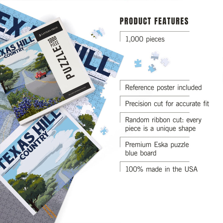 Texas Hill Country, Texas, Bluebonnets and Highway, Jigsaw Puzzle Puzzle Lantern Press 
