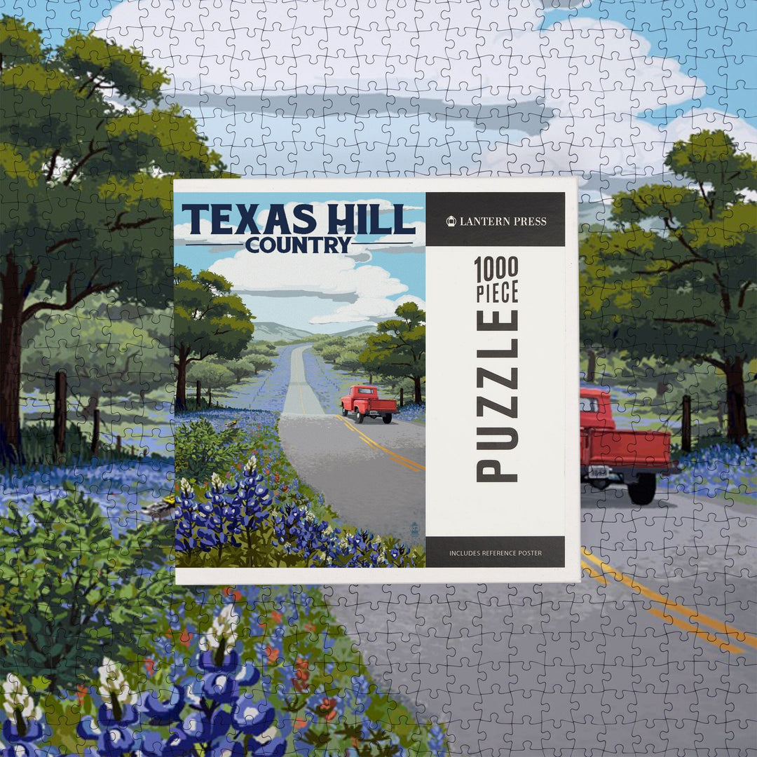 Texas Hill Country, Texas, Bluebonnets and Highway, Jigsaw Puzzle Puzzle Lantern Press 