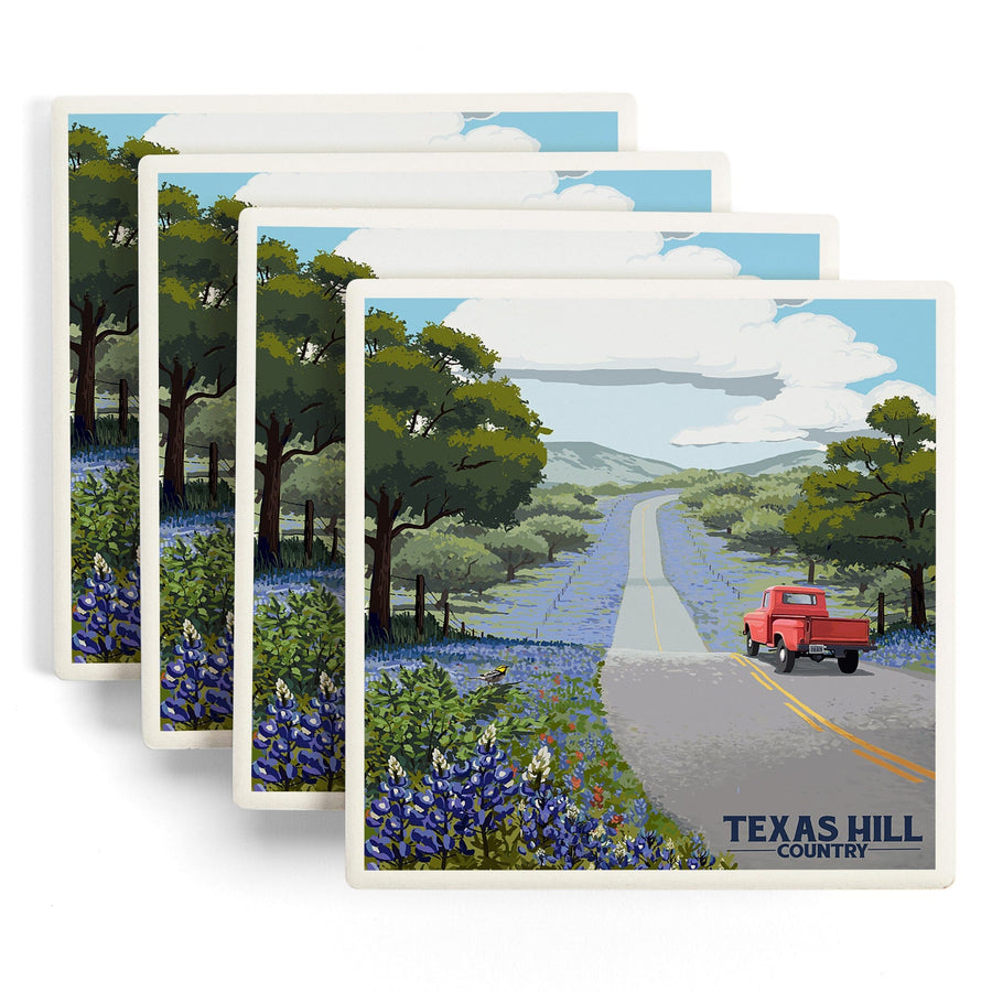 Texas Hill Country, Texas, Bluebonnets & Highway, Lantern Press Artwork, Coaster Set Coasters Lantern Press 