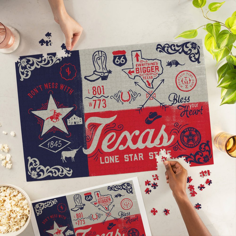 Texas, Illustrated State Flag, State Series, Jigsaw Puzzle Puzzle Lantern Press 