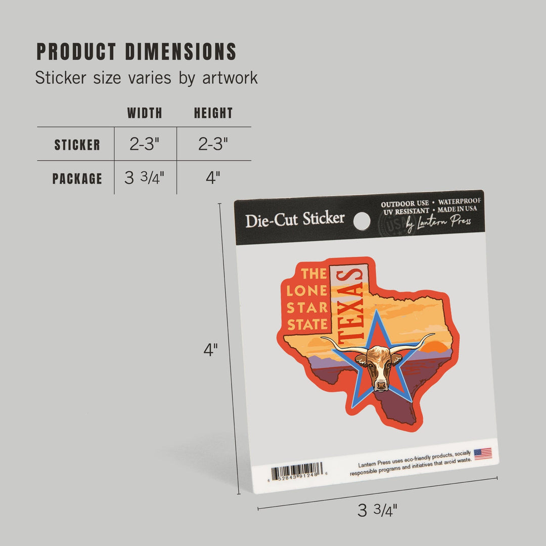 Texas, Lone Star State, Longhorn Bull, Contour, Lantern Press Artwork, Vinyl Sticker Sticker Lantern Press 