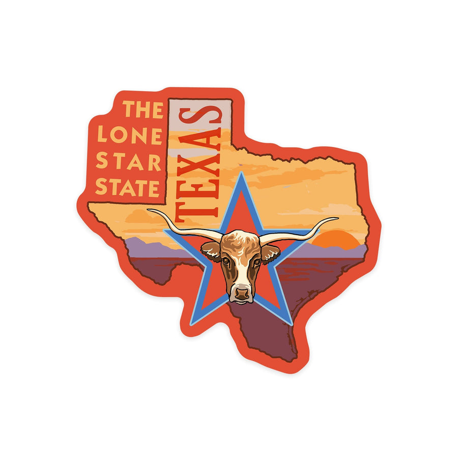 Texas, Lone Star State, Longhorn Bull, Contour, Lantern Press Artwork, Vinyl Sticker Sticker Lantern Press 
