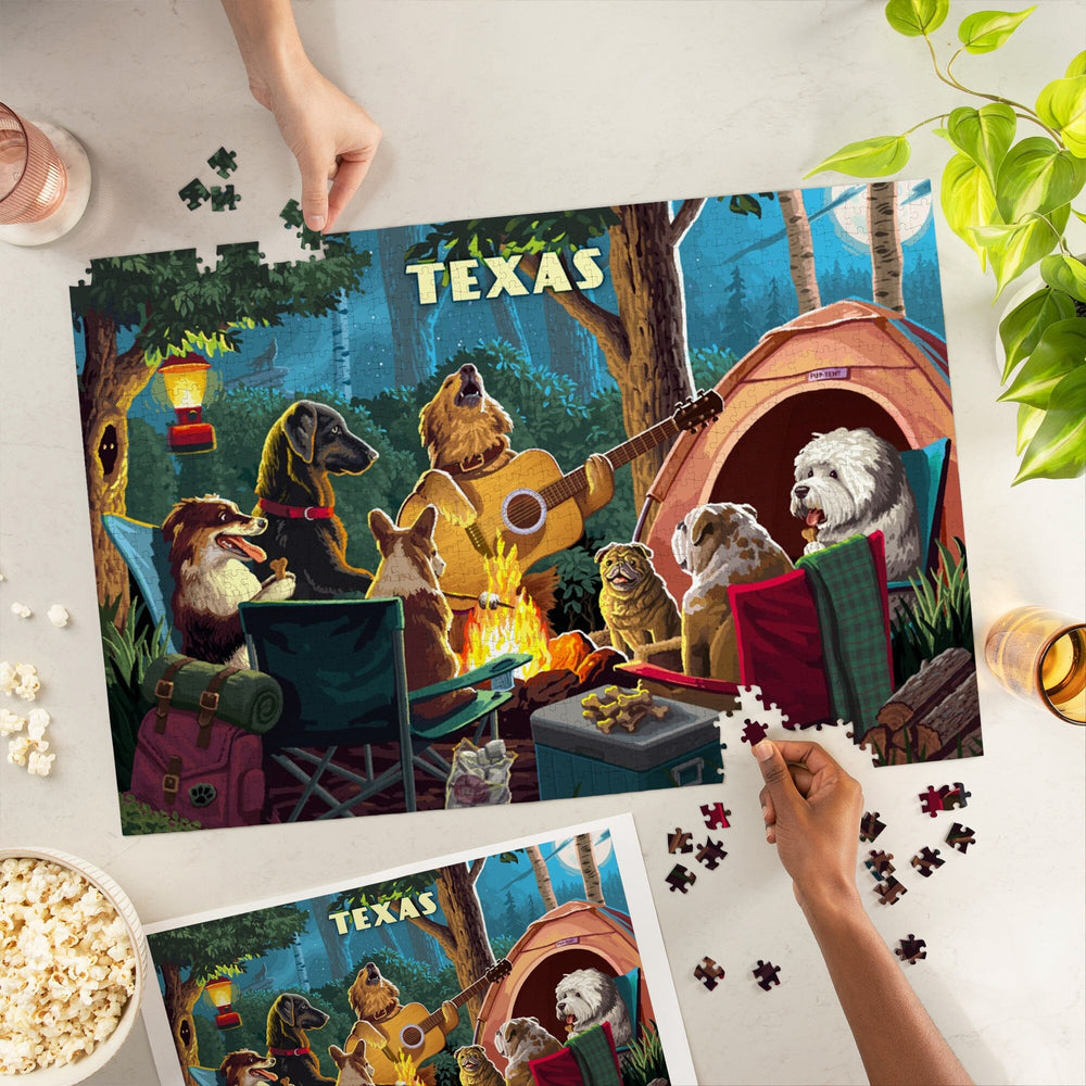 Texas, Painterly, Pack Life, Dogs Around Campfire, Jigsaw Puzzle Puzzle Lantern Press 
