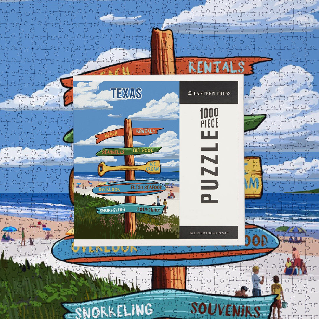 Texas, Signpost, Coast Beach with Umbrellas, Jigsaw Puzzle Puzzle Lantern Press 