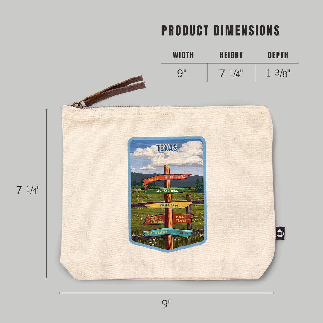 Texas, Signpost, Meadow,, Organic Cotton Zipper Pouch, Go Bag Totes Lantern Press 