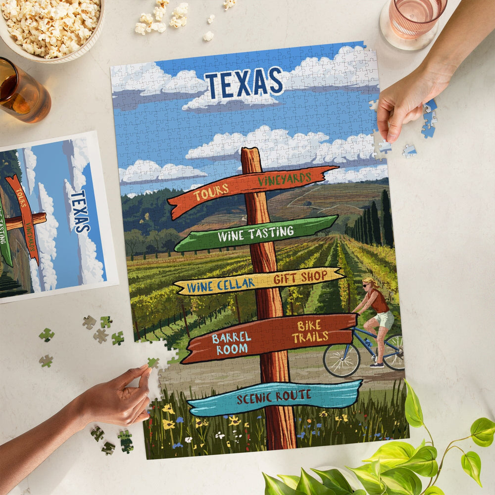 Texas, Signpost, Vineyard, Jigsaw Puzzle Puzzle Lantern Press 