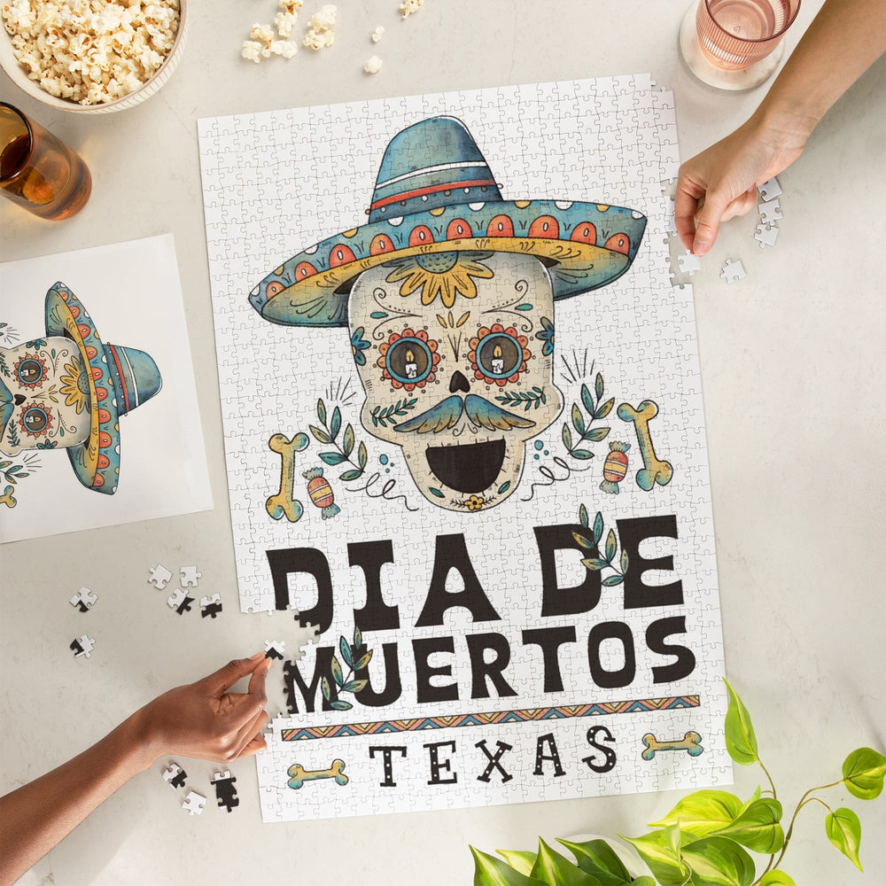 Texas, Watercolor, Dia De Los Muertos, Sugar Skull with Sombrero, Jigsaw Puzzle Puzzle Lantern Press 