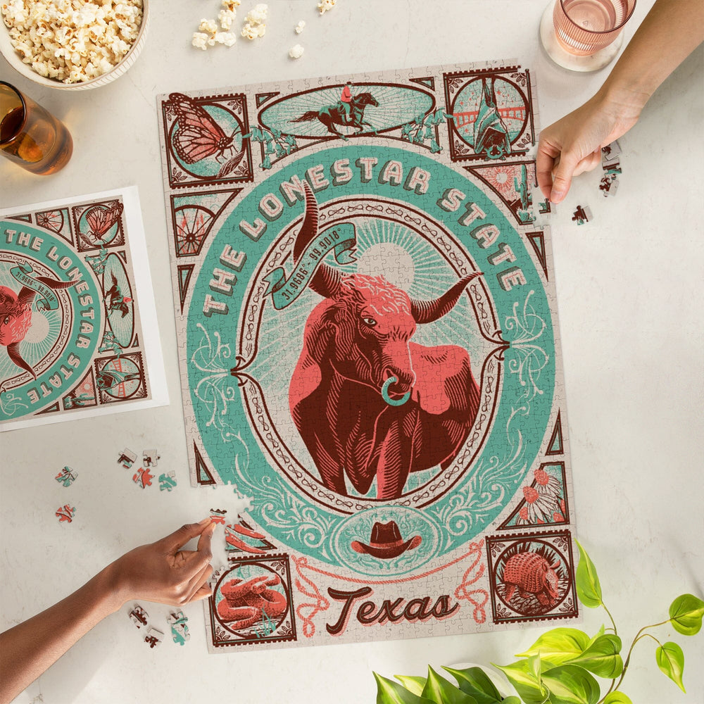 Texas, Woodcut Menagerie Series, The Lone Star State, Jigsaw Puzzle Puzzle Lantern Press 