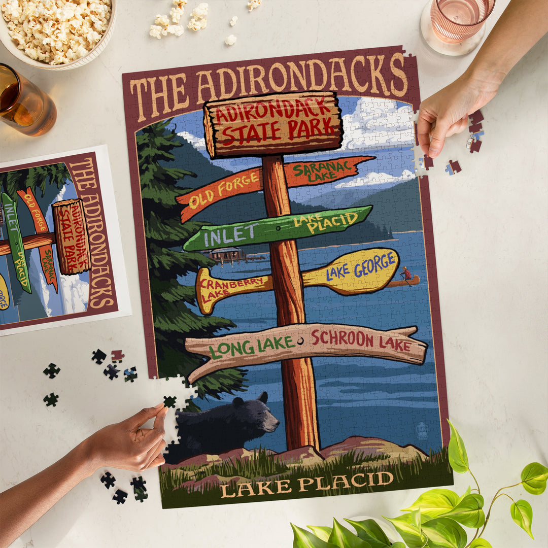 The Adirondacks, Lake Placid, Adirondack State Park, New York, Destination Signpost, Jigsaw Puzzle Puzzle Lantern Press 