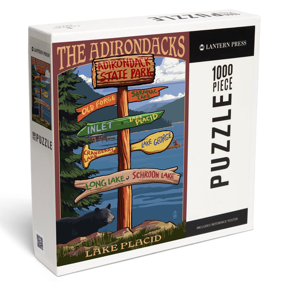 The Adirondacks, Lake Placid, Adirondack State Park, New York, Destination Signpost, Jigsaw Puzzle Puzzle Lantern Press 