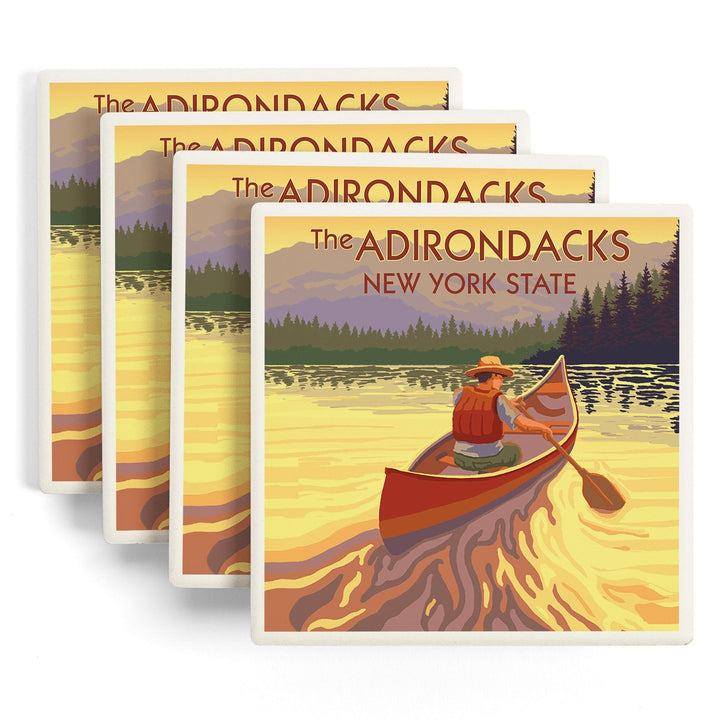 The Adirondacks, New York, Canoe Scene, Lantern Press Artwork, Coaster Set Coasters Lantern Press 