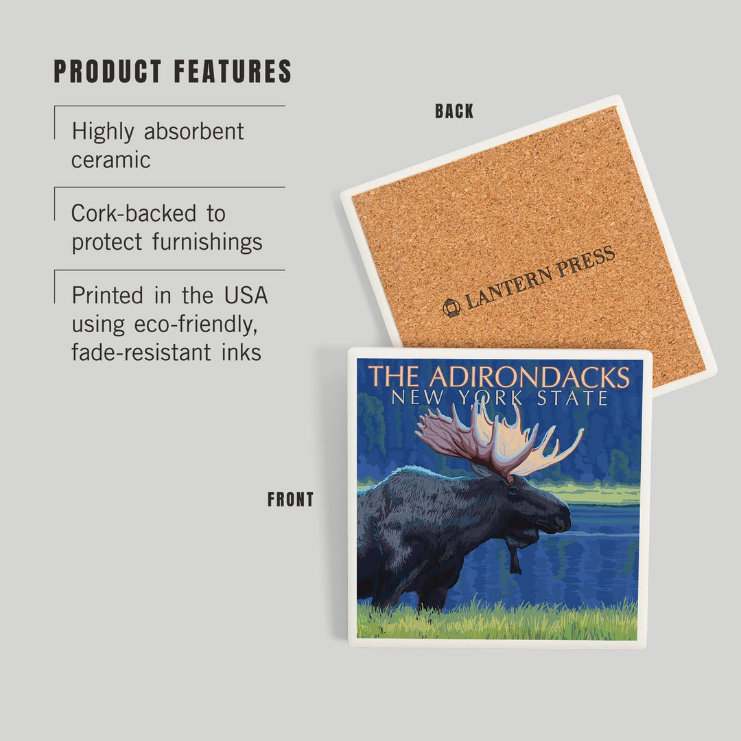 The Adirondacks, New York, Moose at Night, Coasters Coasters Lantern Press 