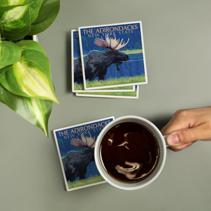 The Adirondacks, New York, Moose at Night, Coasters Coasters Lantern Press 