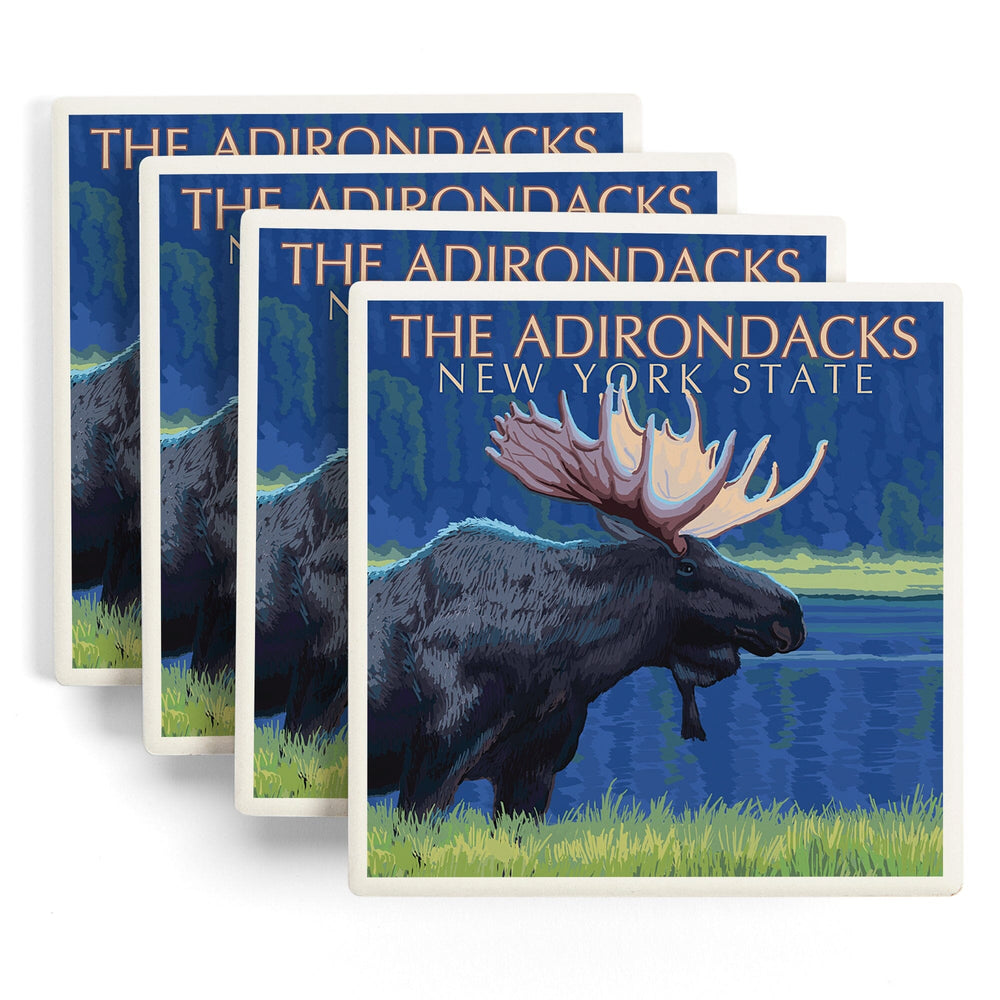 The Adirondacks, New York, Moose at Night, Coasters Coasters Lantern Press 