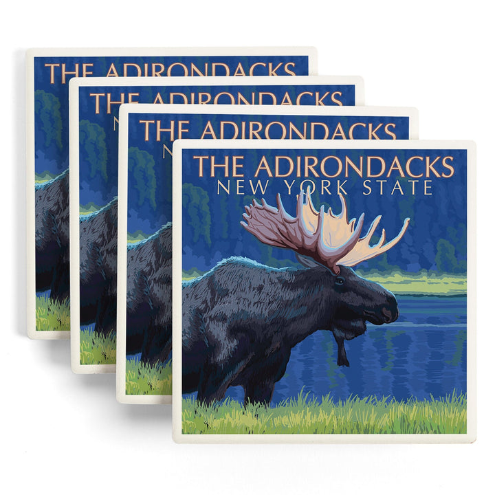 The Adirondacks, New York, Moose at Night, Coasters Coasters Lantern Press 