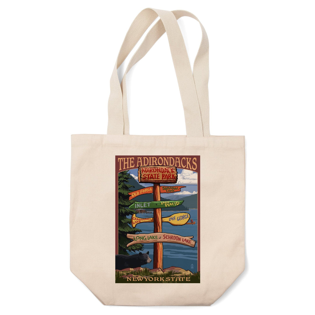 The Adirondacks, New York State, Destinations Sign, Lantern Press Artwork, Tote Bag Totes Lantern Press 
