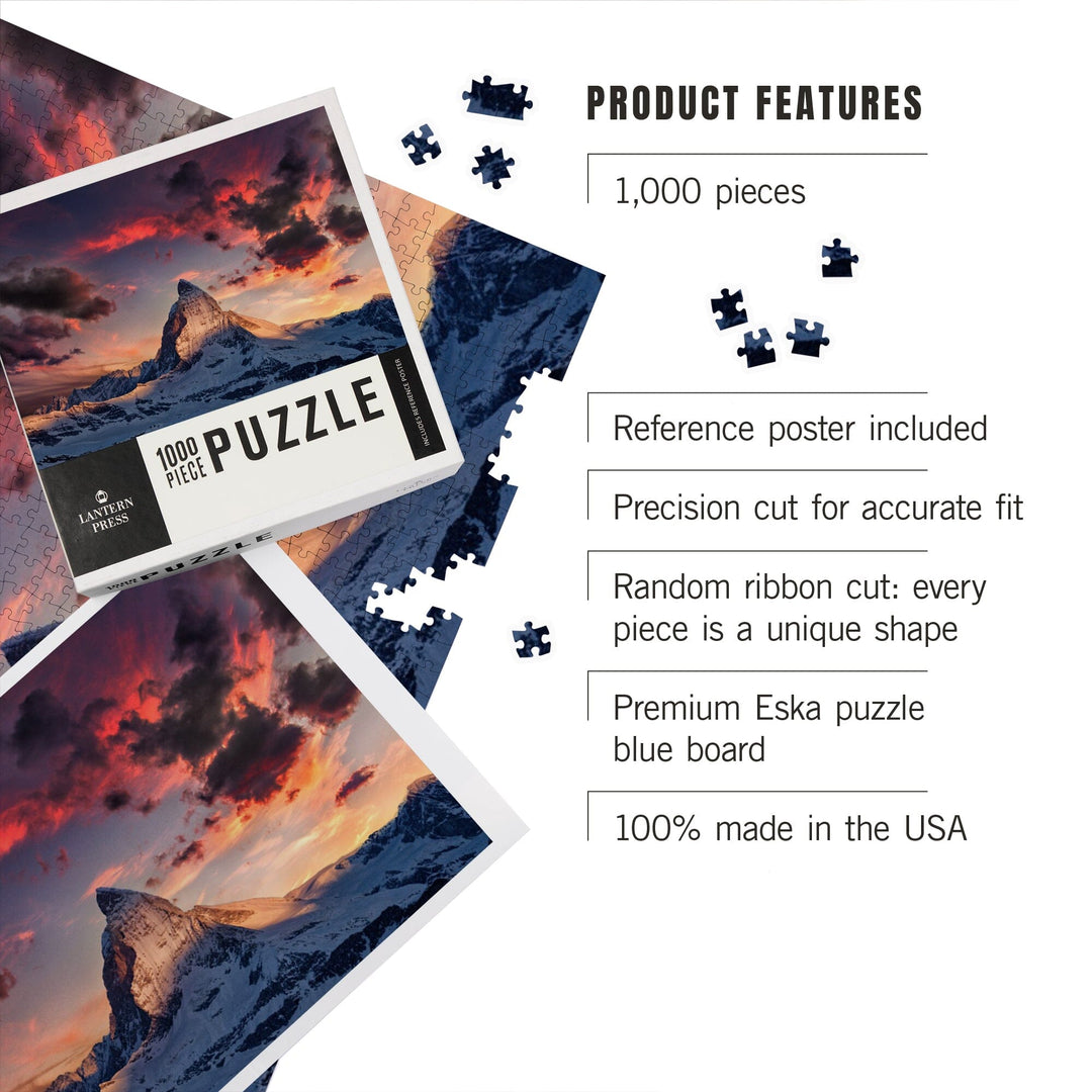 The Alps, Switzerland, Matterhorn Mountain Peak and Sunset, Jigsaw Puzzle Puzzle Lantern Press 