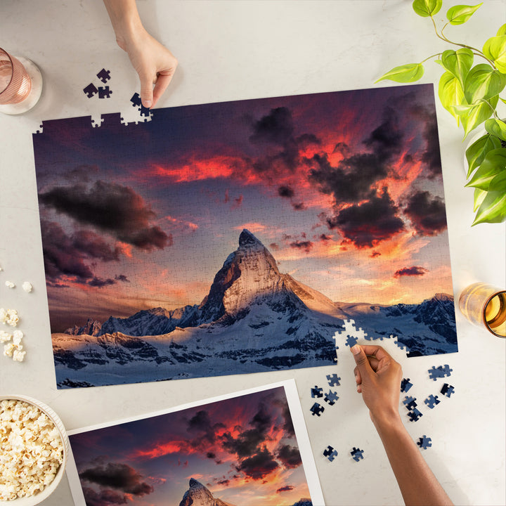 The Alps, Switzerland, Matterhorn Mountain Peak and Sunset, Jigsaw Puzzle Puzzle Lantern Press 