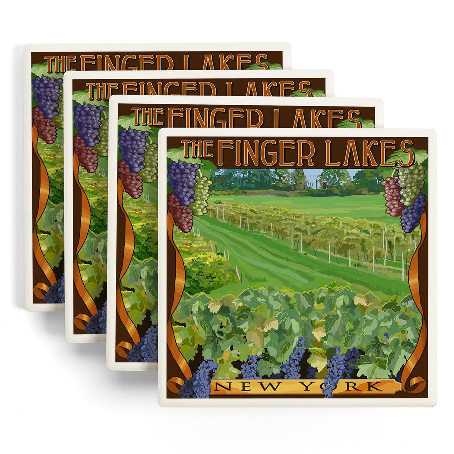 The Finger Lakes, New York, Vineyard Scene, Lantern Press Artwork, Coaster Set Coasters Lantern Press 