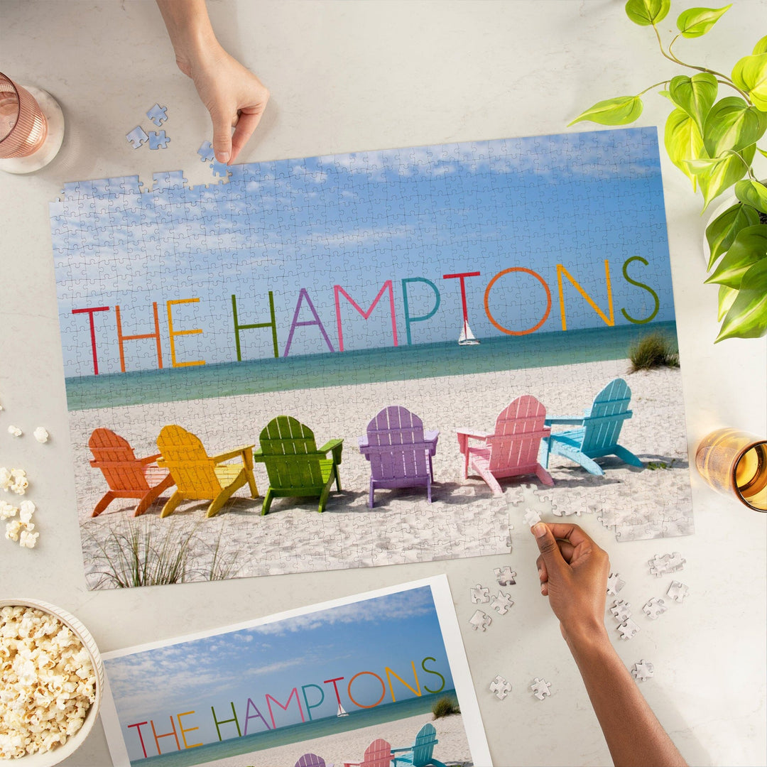 The Hamptons, New York, Colorful Beach Chairs, Jigsaw Puzzle Puzzle Lantern Press 