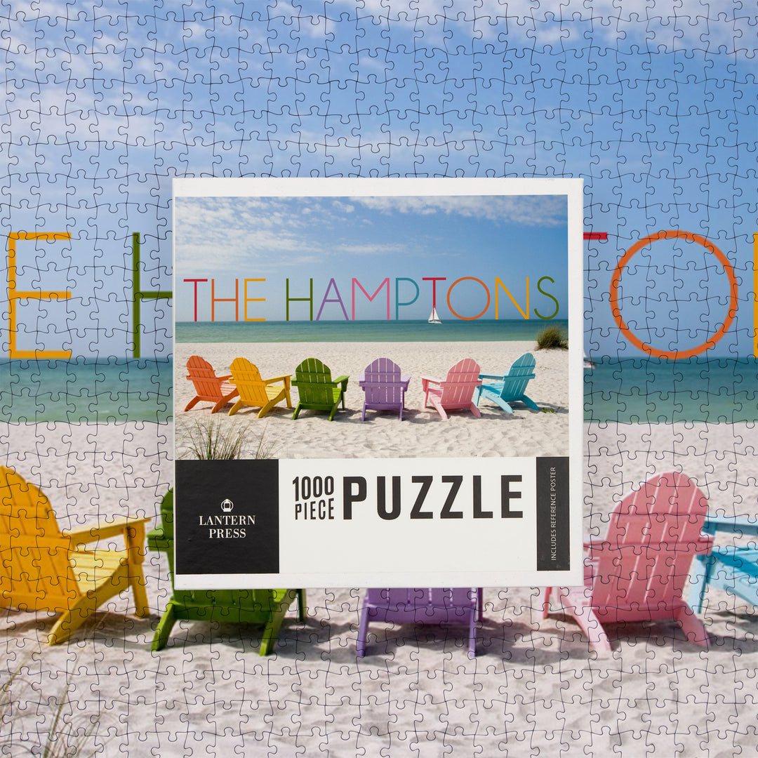 The Hamptons, New York, Colorful Beach Chairs, Jigsaw Puzzle Puzzle Lantern Press 