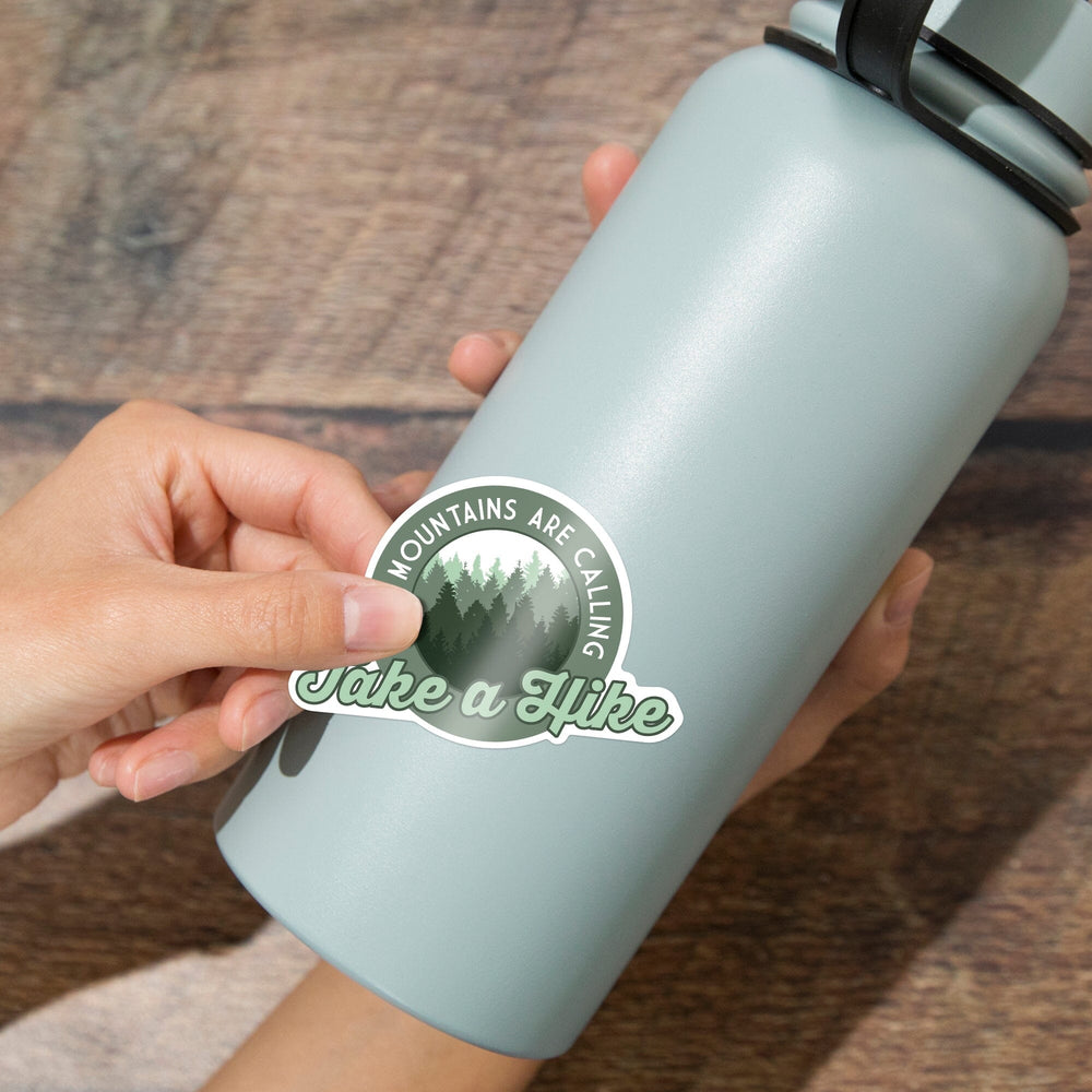 The Mountains are Calling, Take a Hike, Pine Forest, Contour, Vinyl Sticker Sticker Lantern Press 
