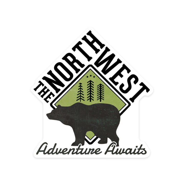 The Northwest, Adventure Awaits Bear, Contour, Vinyl Sticker Sticker Lantern Press 