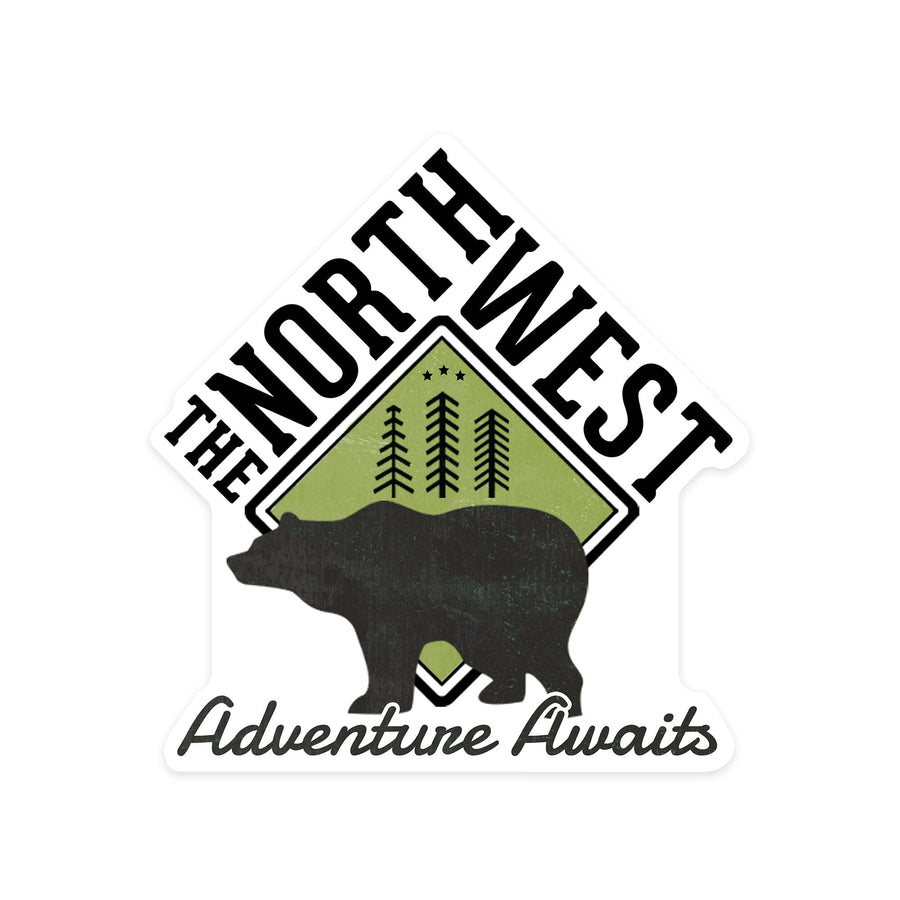 The Northwest, Adventure Awaits Bear, Contour, Vinyl Sticker Sticker Lantern Press 