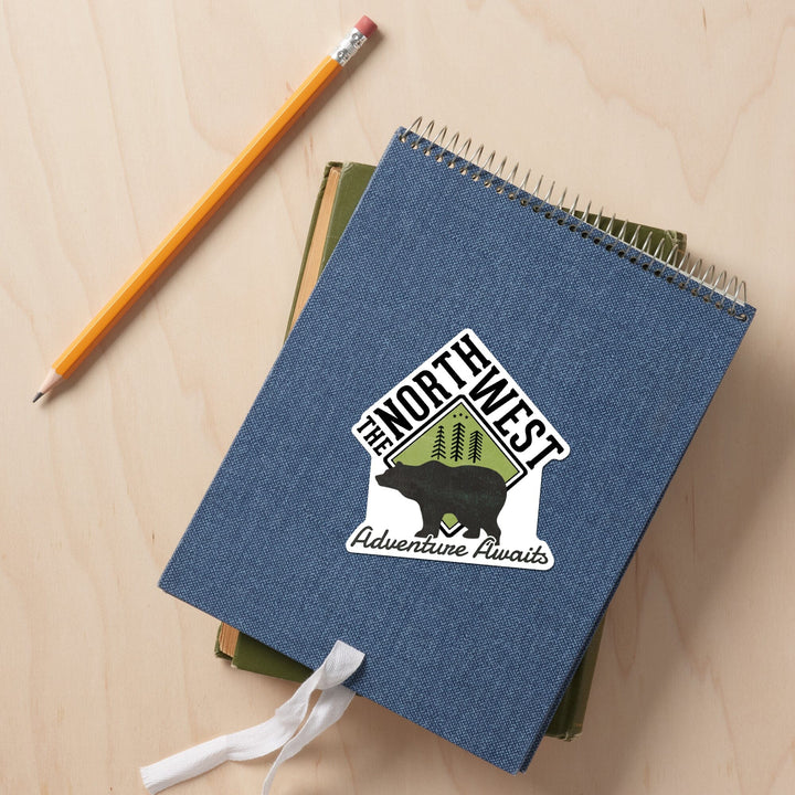 The Northwest, Adventure Awaits Bear, Contour, Vinyl Sticker Sticker Lantern Press 