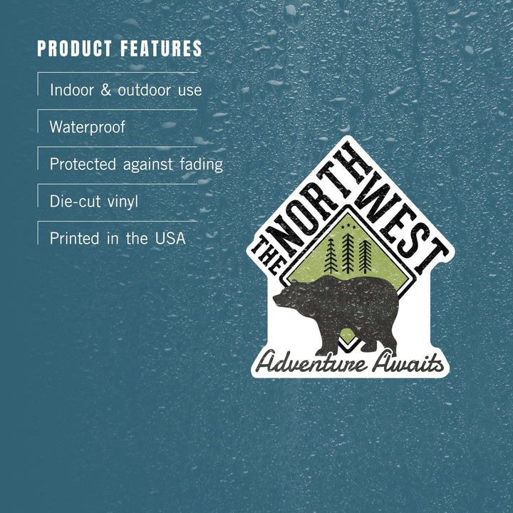 The Northwest, Adventure Awaits Bear, Contour, Vinyl Sticker Sticker Lantern Press 
