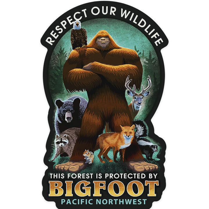 The Pacific Northwest, Respect Our Wildlife, Bigfoot, Contour, Vinyl Sticker Sticker Lantern Press 