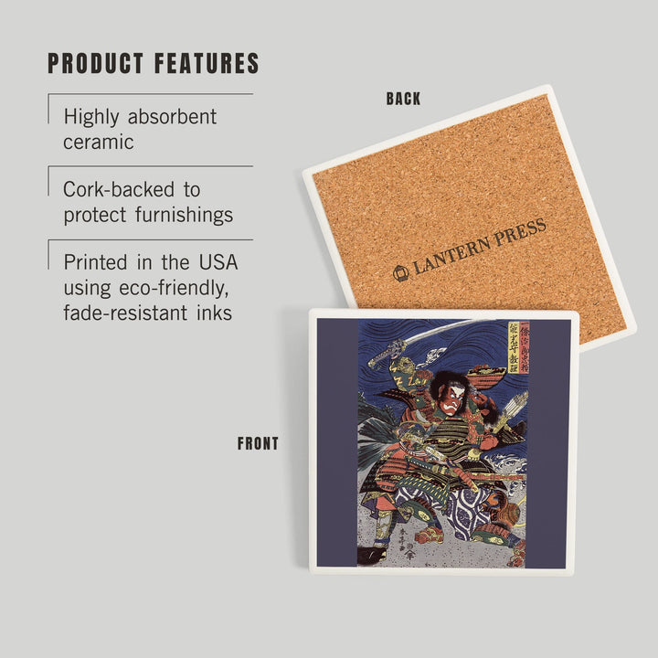 The Samurai Warriors Ichijo Jiro Tadanori and Notonokami Noritsune, Japanese Wood-Cut, Coasters Coasters Lantern Press 