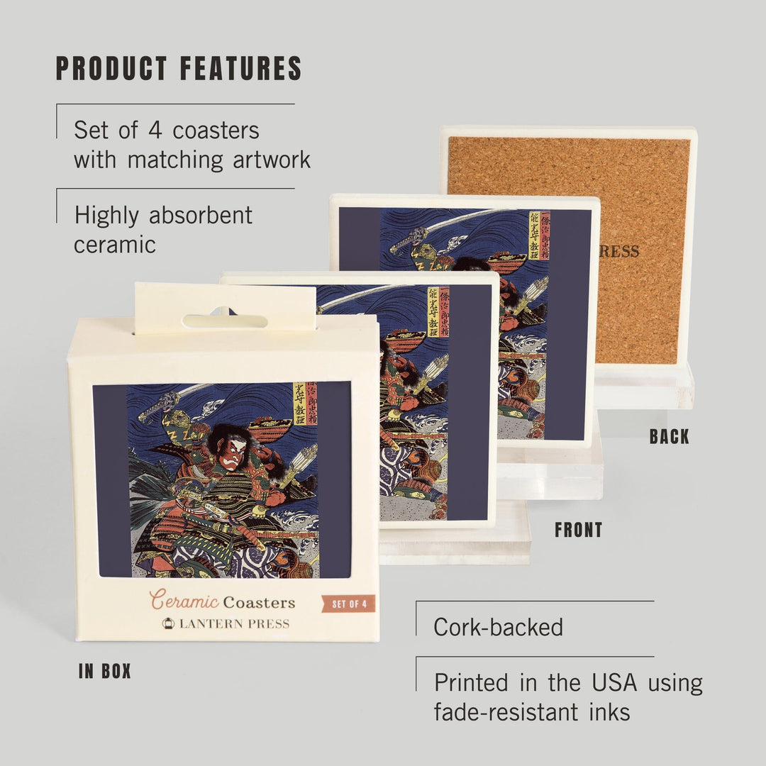 The Samurai Warriors Ichijo Jiro Tadanori and Notonokami Noritsune, Japanese Wood-Cut, Coasters Coasters Lantern Press 