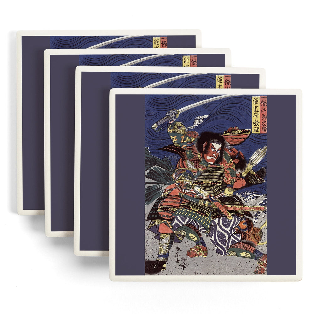 The Samurai Warriors Ichijo Jiro Tadanori and Notonokami Noritsune, Japanese Wood-Cut, Coasters Coasters Lantern Press 