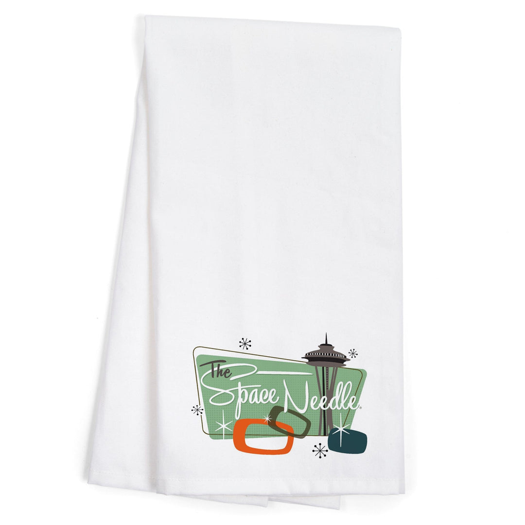 The Space Needle, Mid Century Modern, Teal Sign, Organic Cotton Kitchen Tea Towels Kitchen Lantern Press 