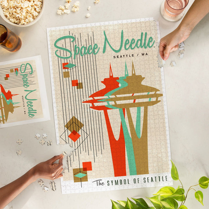 The Space Needle, Simple Block Color, Mid Century Modern Graphic Design, Jigsaw Puzzle Puzzle Lantern Press 