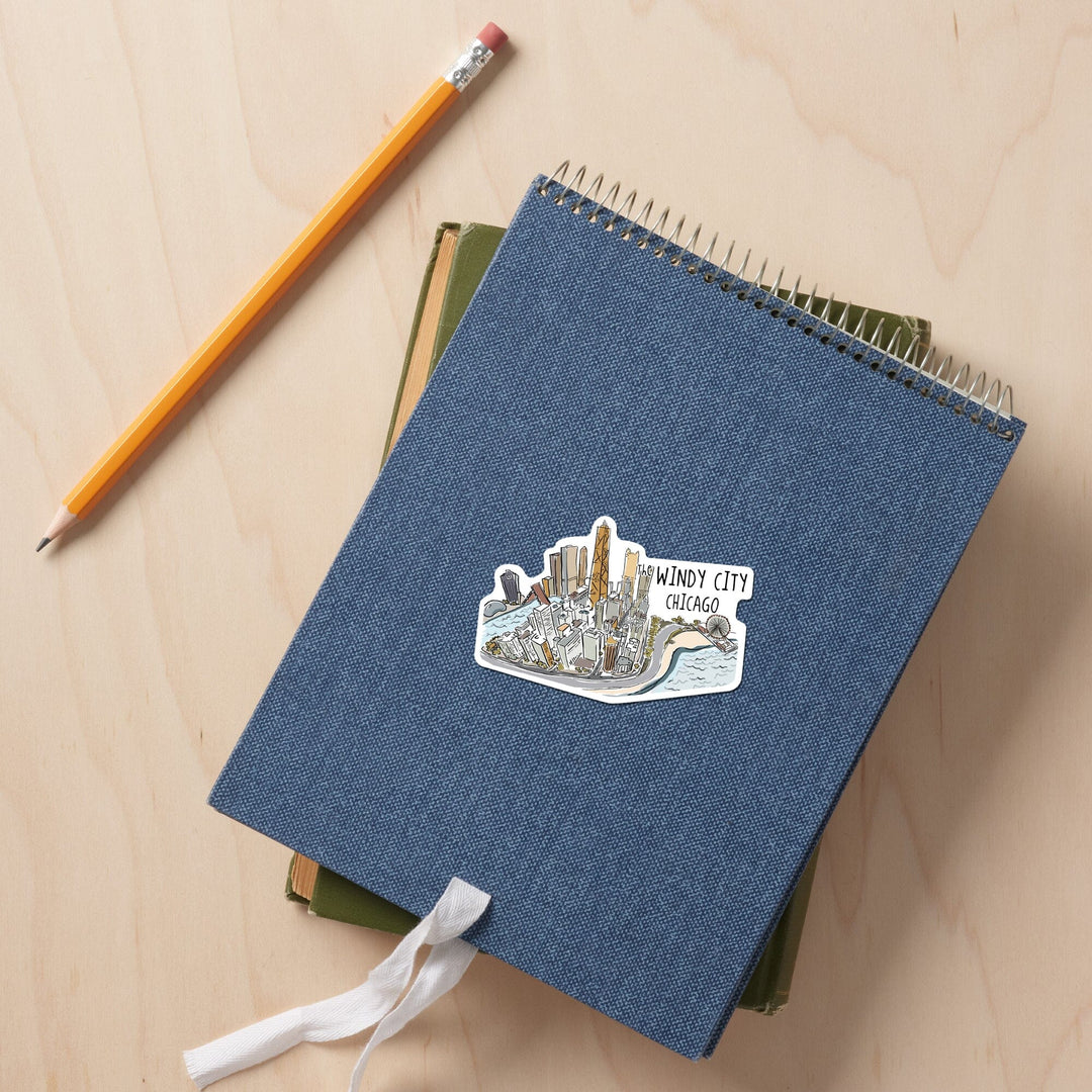 The Windy City, Chicago, Illinois, Cityscape, Line Drawing, Contour, Vinyl Sticker Sticker Lantern Press 