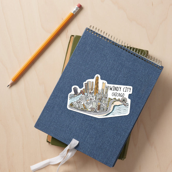 The Windy City, Chicago, Illinois, Cityscape, Line Drawing, Contour, Vinyl Sticker Sticker Lantern Press 
