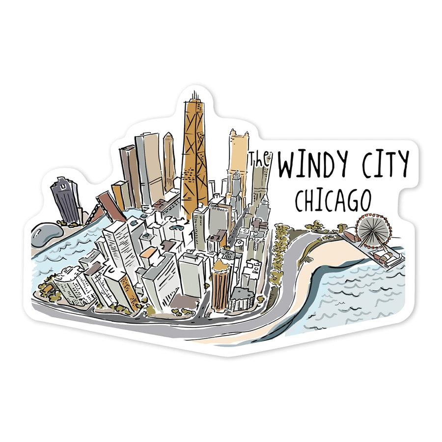 The Windy City, Chicago, Illinois, Cityscape, Line Drawing, Contour, Vinyl Sticker Sticker Lantern Press 